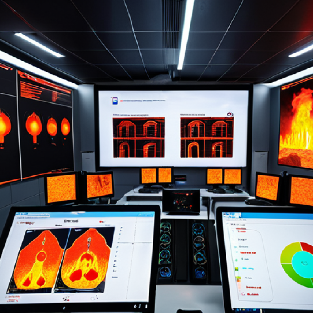 **

> A futuristic fire safety control room. Multiple screens display real-time data from IoT sensors: temperature, humidity, gas levels. An AI analyzes the data, predicting potential fire hazards. A drone feed shows a thermal image of a building, highlighting a hotspot. Emphasize data visualization, advanced technology, and a sense of proactive fire prevention.

**