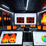 **

> A futuristic fire safety control room. Multiple screens display real-time data from IoT sensors: temperature, humidity, gas levels. An AI analyzes the data, predicting potential fire hazards. A drone feed shows a thermal image of a building, highlighting a hotspot. Emphasize data visualization, advanced technology, and a sense of proactive fire prevention.

**