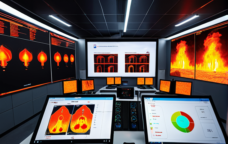 **
> A futuristic fire safety control room. Multiple screens display real-time data from IoT sensors: temperature, humidity, gas levels. An AI analyzes the data, predicting potential fire hazards. A drone feed shows a thermal image of a building, highlighting a hotspot. Emphasize data visualization, advanced technology, and a sense of proactive fire prevention.
**