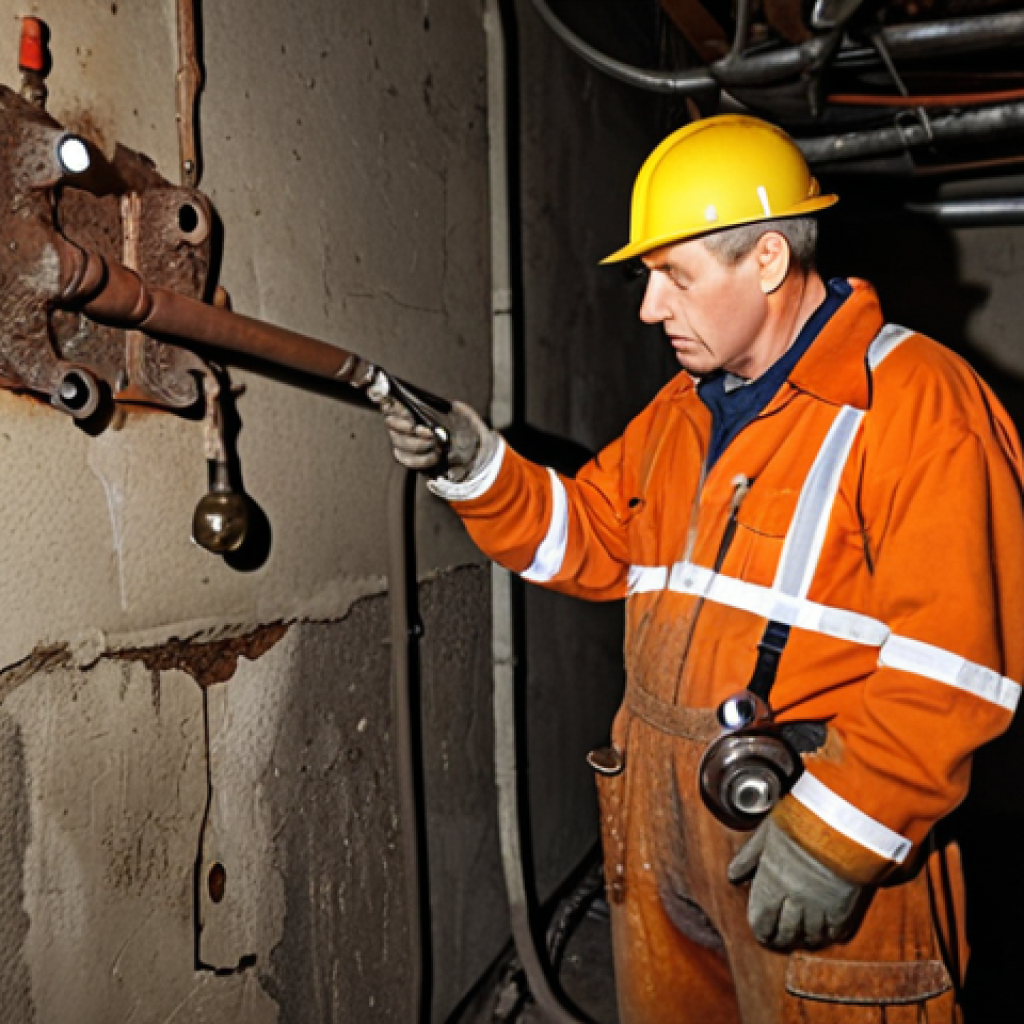 **

Prompt: Old, rusty fire sprinkler system in a dimly lit basement, with cracked concrete walls. A maintenance worker in overalls is inspecting a corroded pipe, holding a flashlight. Emphasize the age and state of disrepair. Realistic, gritty details.

**