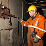 **

Prompt: Old, rusty fire sprinkler system in a dimly lit basement, with cracked concrete walls. A maintenance worker in overalls is inspecting a corroded pipe, holding a flashlight. Emphasize the age and state of disrepair. Realistic, gritty details.

**