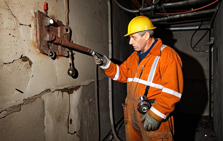 **
Prompt: Old, rusty fire sprinkler system in a dimly lit basement, with cracked concrete walls. A maintenance worker in overalls is inspecting a corroded pipe, holding a flashlight. Emphasize the age and state of disrepair. Realistic, gritty details.
**