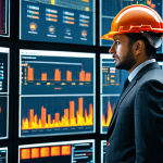 A professional fire safety engineer, male, in a modest dark grey business suit with a safety helmet, standing thoughtfully in a futuristic, high-tech control room of a complex skyscraper. The background features large digital screens displaying real-time fire safety data, building schematics, and IoT sensor readings. The engineer is observing the data with a focused, responsible expression, conveying the immense responsibility of fire safety management. Perfect anatomy, correct proportions, natural pose, well-formed hands, proper finger count, natural body proportions. The scene is well-lit, professional photography style, high quality, safe for work, appropriate content, fully clothed, professional.