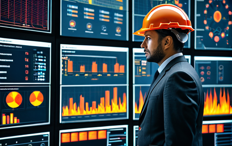 A professional fire safety engineer, male, in a modest dark grey business suit with a safety helmet, standing thoughtfully in a futuristic, high-tech control room of a complex skyscraper. The background features large digital screens displaying real-time fire safety data, building schematics, and IoT sensor readings. The engineer is observing the data with a focused, responsible expression, conveying the immense responsibility of fire safety management. Perfect anatomy, correct proportions, natural pose, well-formed hands, proper finger count, natural body proportions. The scene is well-lit, professional photography style, high quality, safe for work, appropriate content, fully clothed, professional.