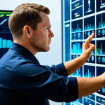 A professional fire safety expert, fully clothed in a modern, modest uniform, intently observing complex data visualizations on a holographic display in a high-tech command center. The setting is clean and orderly, featuring subtle glowing interfaces and ambient lighting, emphasizing insight and real-time monitoring. The scene highlights advanced data analysis and predictive modeling capabilities. safe for work, appropriate content, professional, perfect anatomy, correct proportions, natural pose, well-formed hands, proper finger count, natural body proportions, high quality photography.