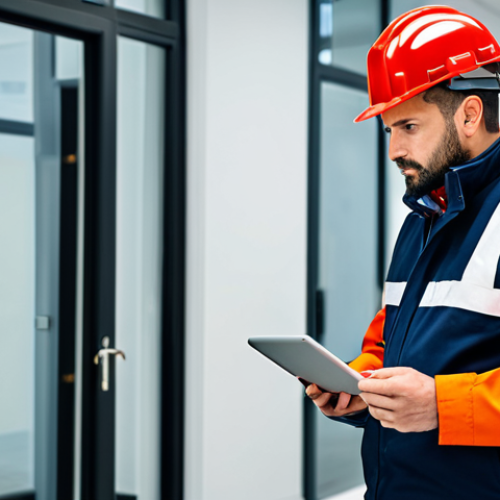 Home 9 **
A professional fire safety manager, fully clothed in appropriate attire, conducting a building inspection with a tablet in hand, checking fire extinguishers and smoke detectors in a modern office building, looking focused and competent. Safe for work, appropriate content, perfect anatomy, natural pose, professional environment, well-formed hands, proper finger count, modest clothing, family-friendly.
**