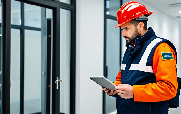 **

A professional fire safety manager, fully clothed in appropriate attire, conducting a building inspection with a tablet in hand, checking fire extinguishers and smoke detectors in a modern office building, looking focused and competent. Safe for work, appropriate content, perfect anatomy, natural pose, professional environment, well-formed hands, proper finger count, modest clothing, family-friendly.

**